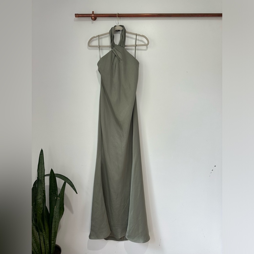NWT BHLDN Anthropologie Ruby Twist Halter Satin Gown Moss Green - Picture 4 of 9